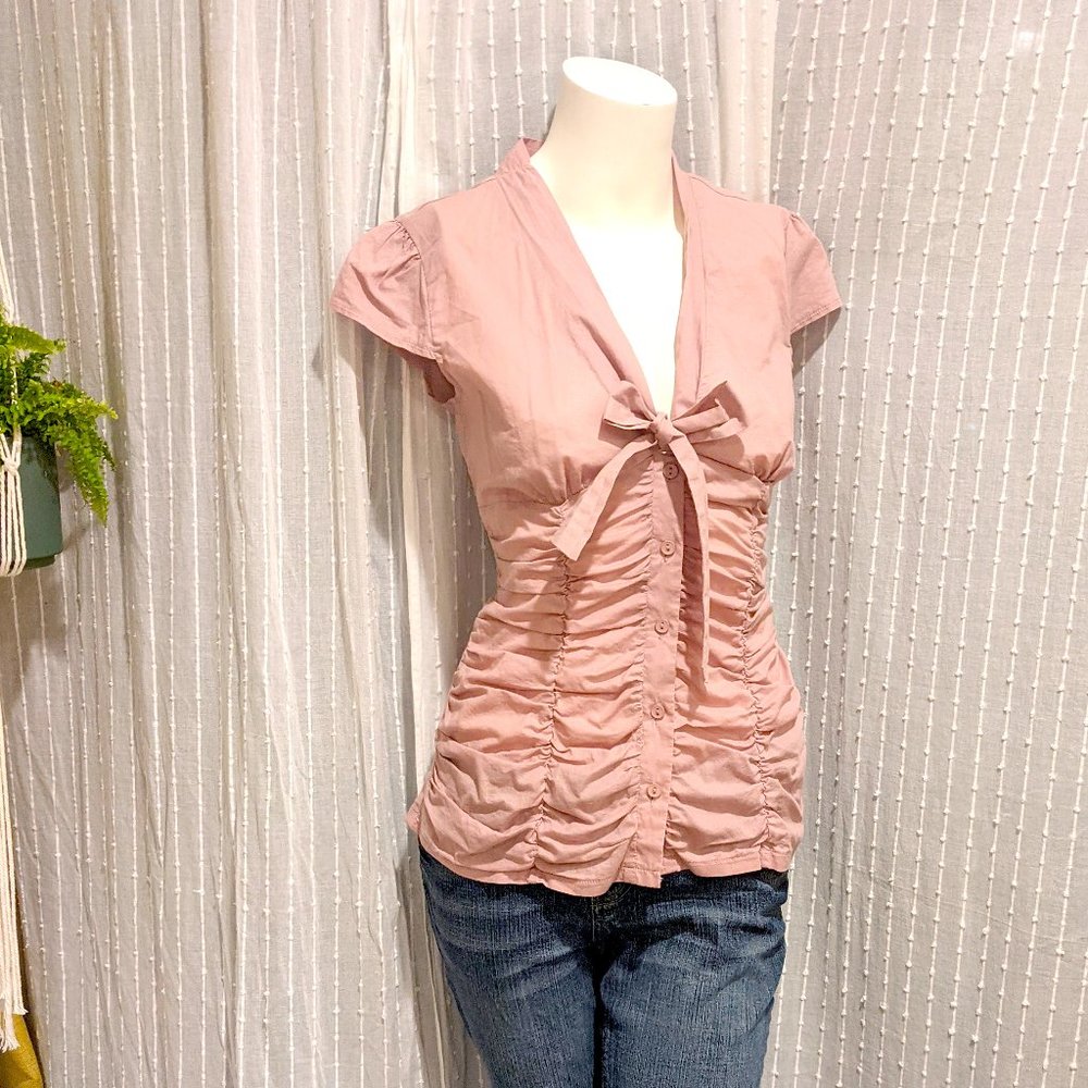 Ruched Light Pink Button Up Top Cap Sleeves
